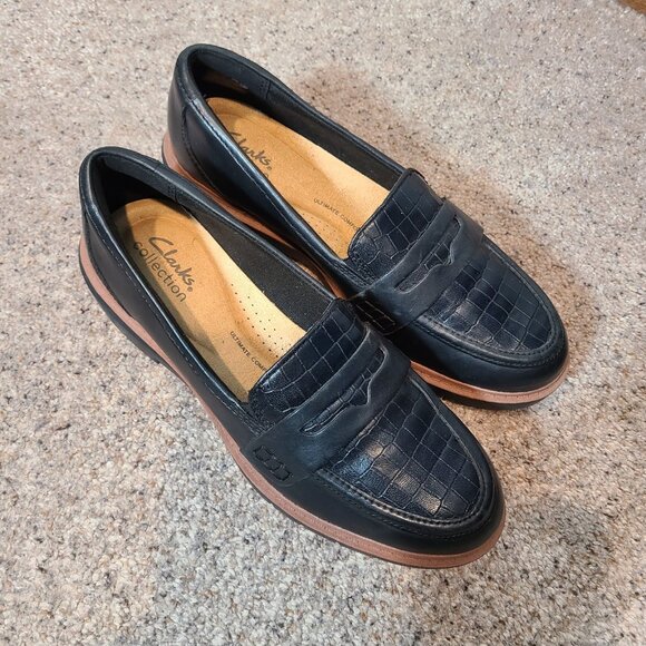 Clarks Westlynn Ayla Womens Penny Loafer Sz 7 Black Croc Leather Slip-On Shoes - Picture 3 of 10